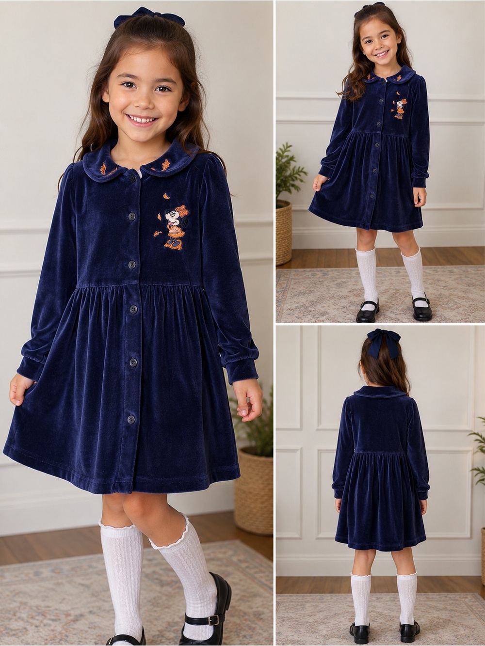 Disney Navy Blue Velvet Dress with Embroidered Detail